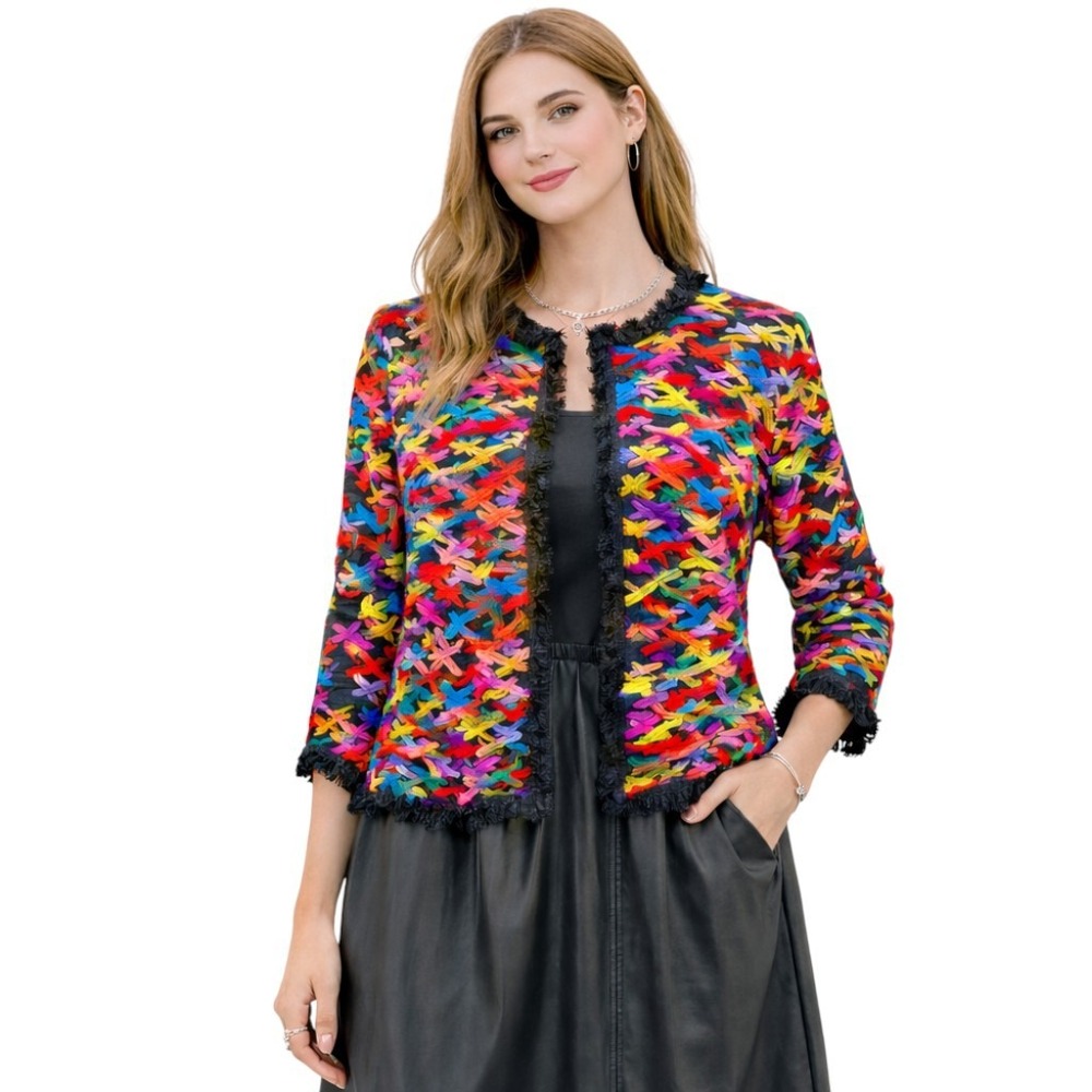 Michael Simon Women's Sweater Multi-Color Fishnet Woven Ribbons Cardigan Large